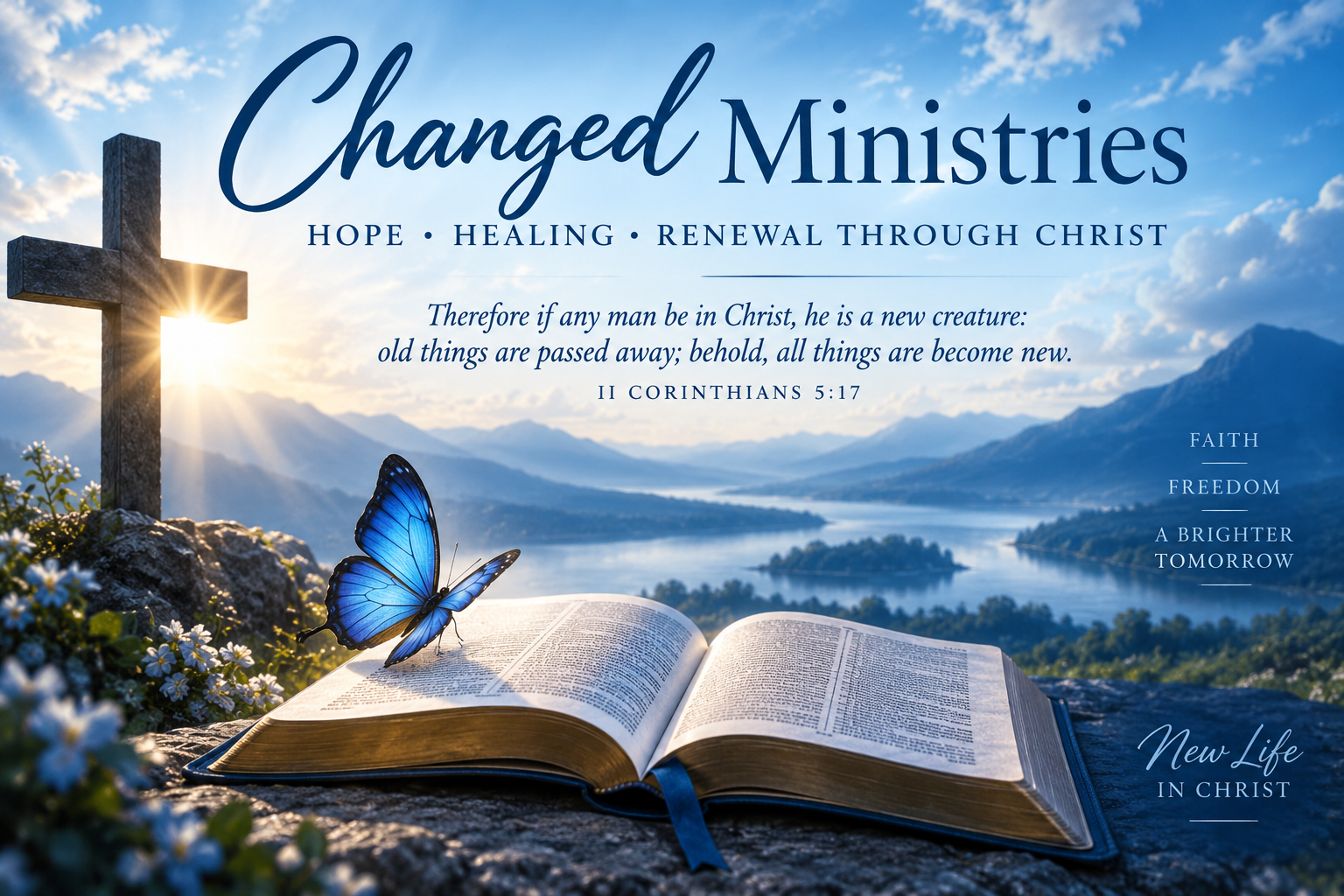 Home Changed Ministries: Hope, Healing, Renewal through Christ. A wooden cross and open Bible with a blue butterfly overlook a mountain lake at sunrise.